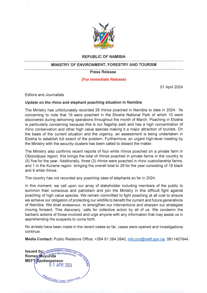 Update on the Elephant and Rhino Poaching in Namibia